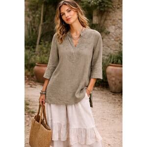 Edward Woman Irish Linen Tunic 1X Green Embroidered Beaded Boho Lagenlook